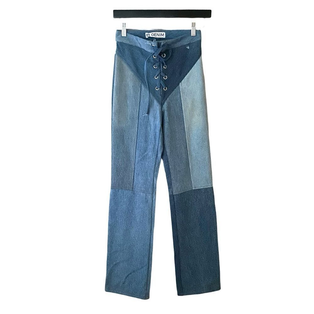 EB Denim Lace up jeans blue patchwork straight leg flares Revolve Sz 2 / S $385 - Picture 7 of 15